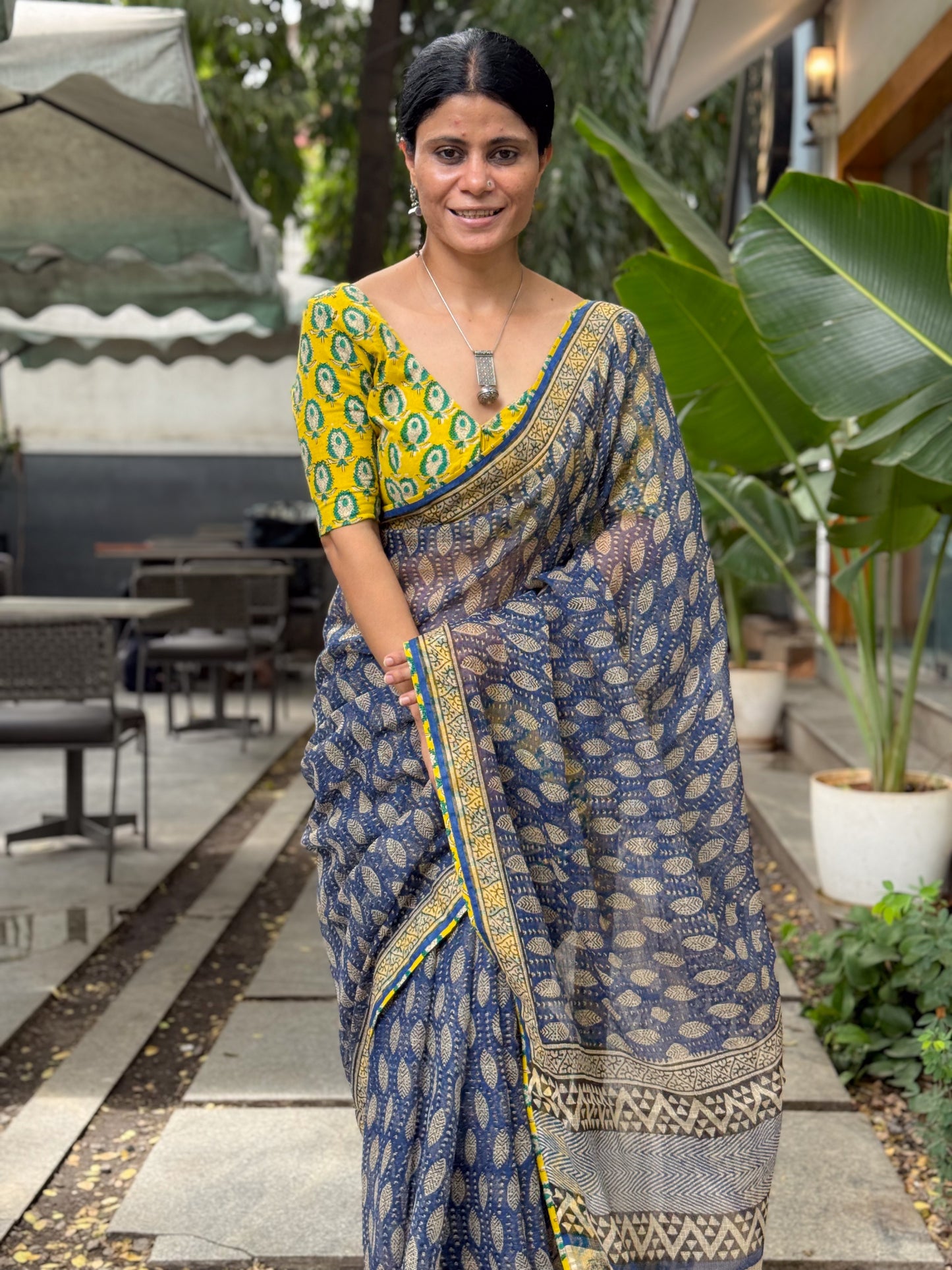 Handmade Natural Dyed Handblock Bagru/Dabu Printed Kota Doria Saree With Dabu Patch Border.
