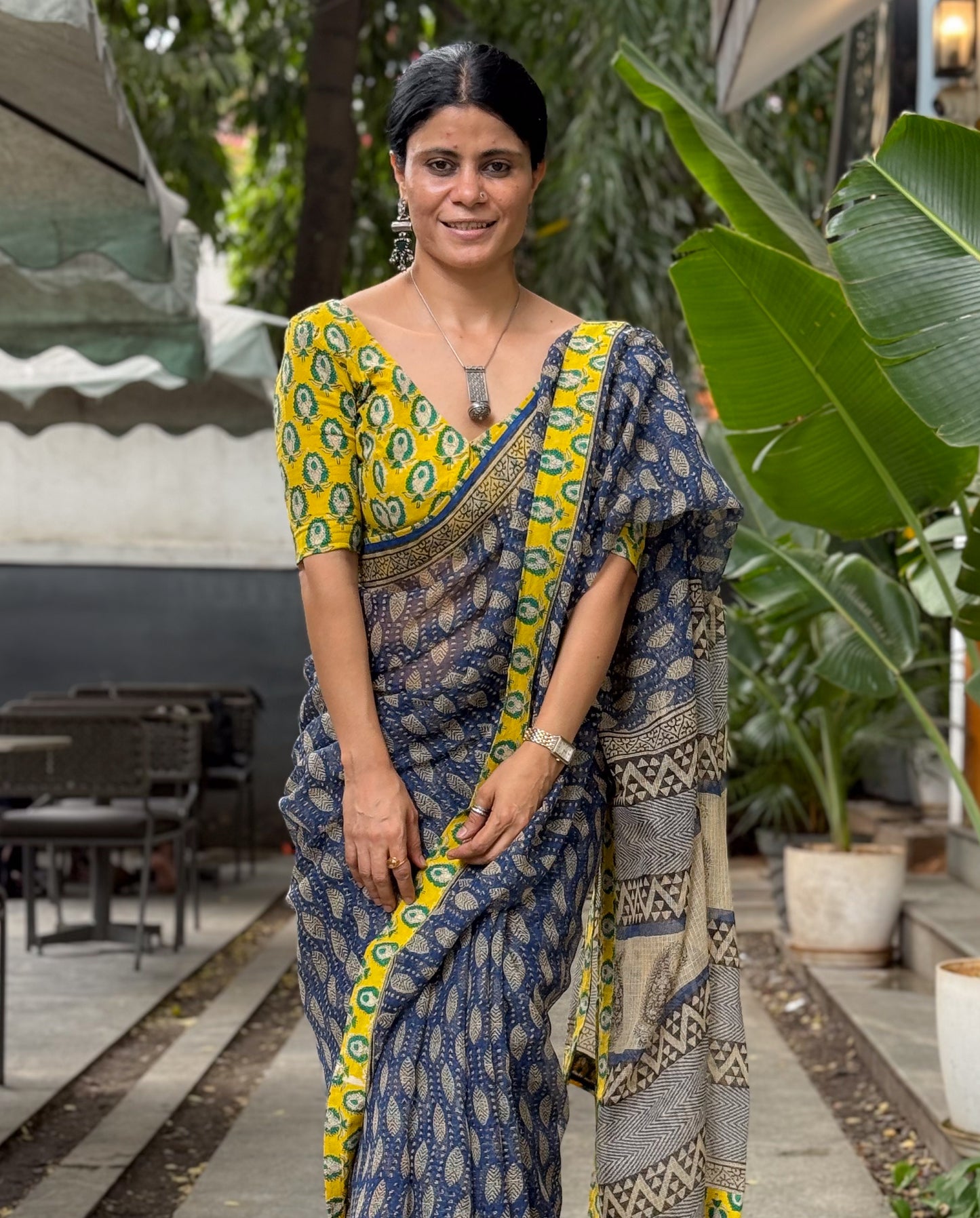 Handmade Natural Dyed Handblock Bagru/Dabu Printed Kota Doria Saree With Dabu Patch Border.