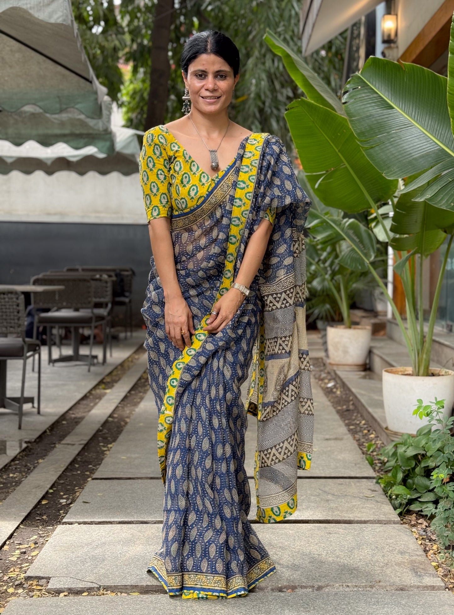 Handmade Natural Dyed Handblock Bagru/Dabu Printed Kota Doria Saree With Dabu Patch Border.