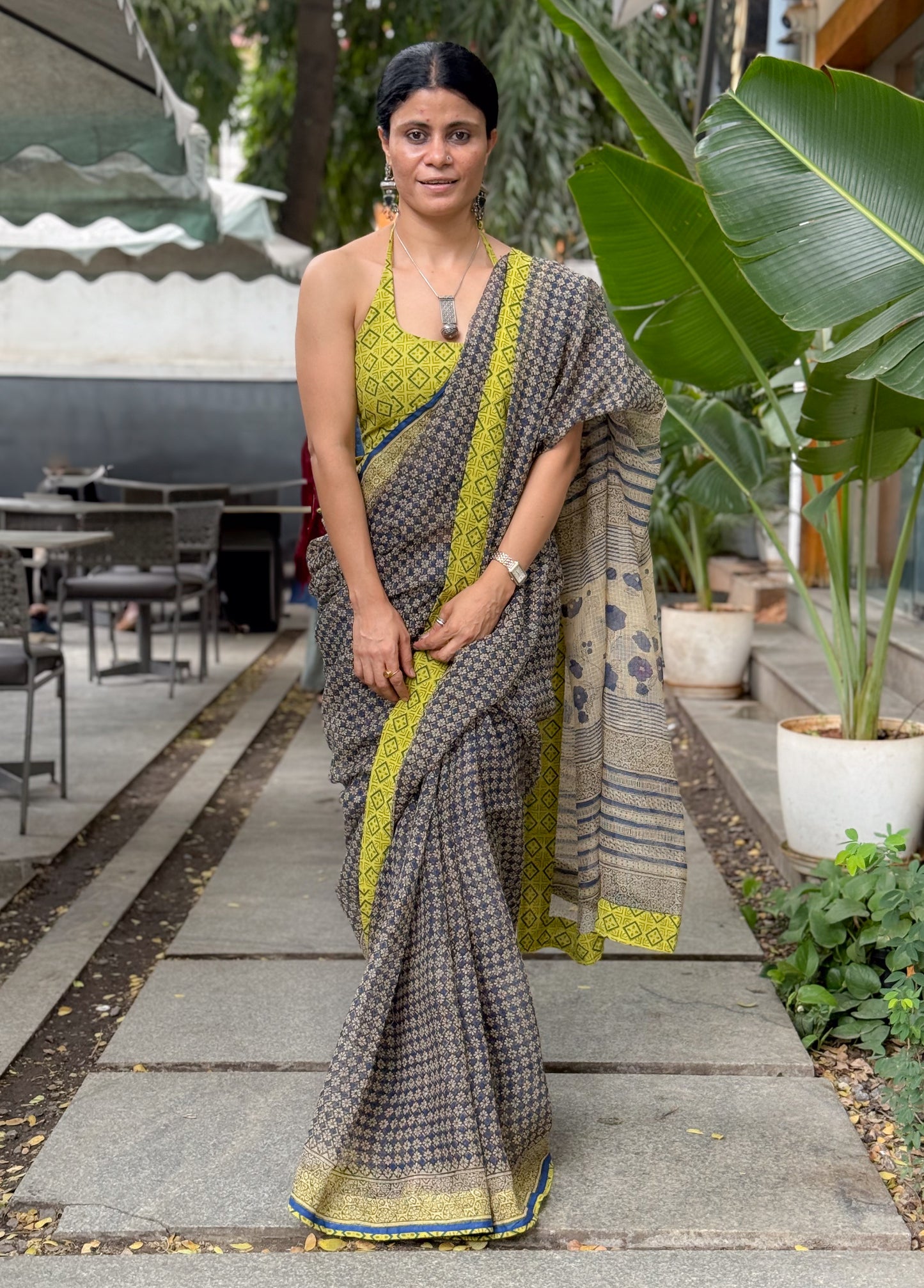Handmade Natural Dyed Handblock Bagru / Dabu Printed Kota Doria Saree With Dabu Patch Border.