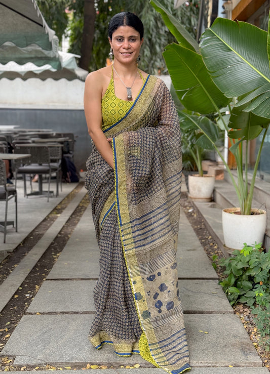 Handmade Natural Dyed Handblock Bagru / Dabu Printed Kota Doria Saree With Dabu Patch Border.