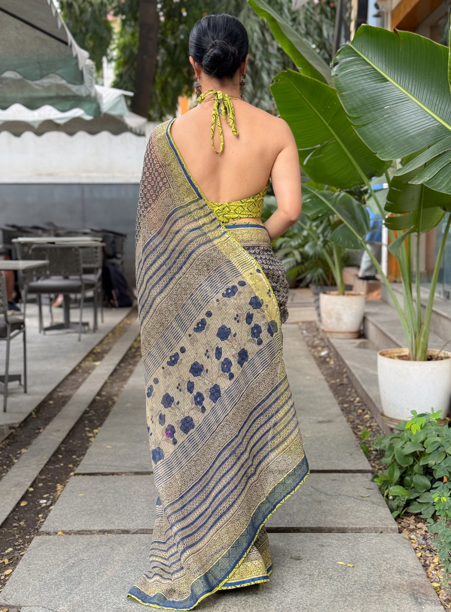 Handmade Natural Dyed Handblock Bagru / Dabu Printed Kota Doria Saree With Dabu Patch Border.