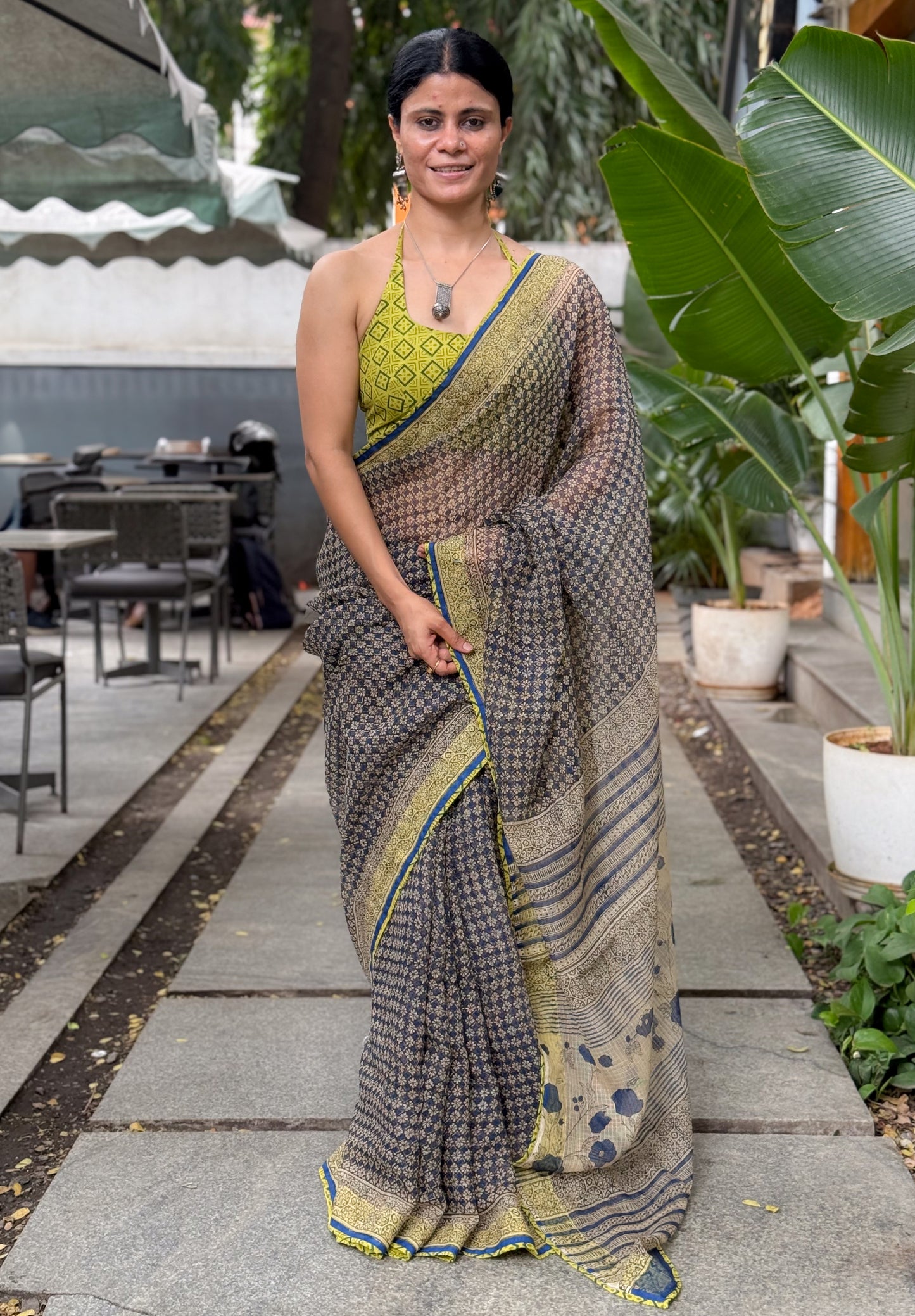 Handmade Natural Dyed Handblock Bagru / Dabu Printed Kota Doria Saree With Dabu Patch Border.