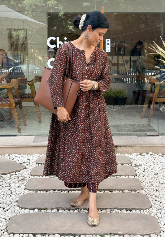Handblock Printed Natural Dyed Ajrakh Chanderi Silk Kalidar Kurta