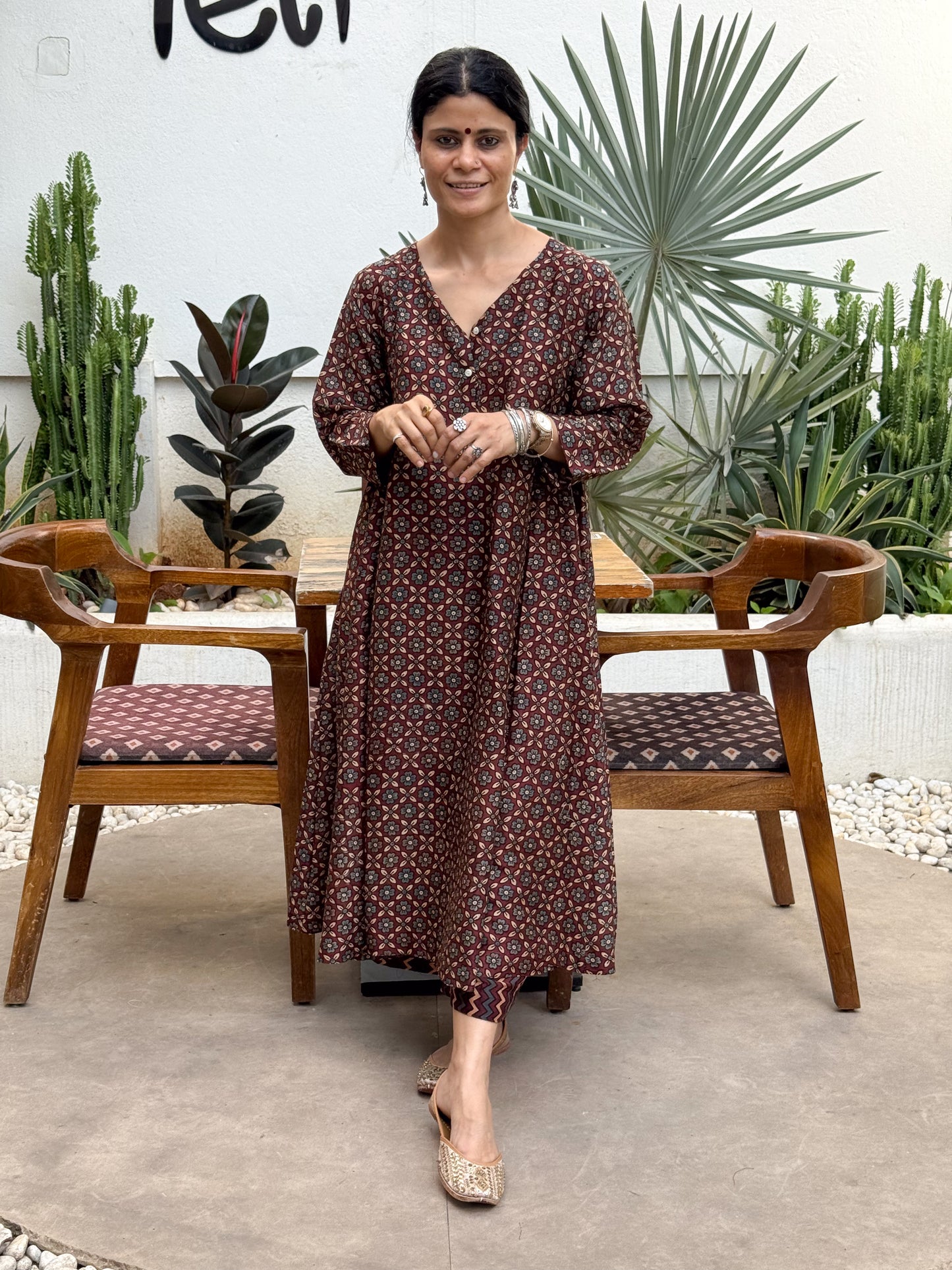 Handblock Printed Natural Dyed Ajrakh Chanderi Silk Kalidar Kurta