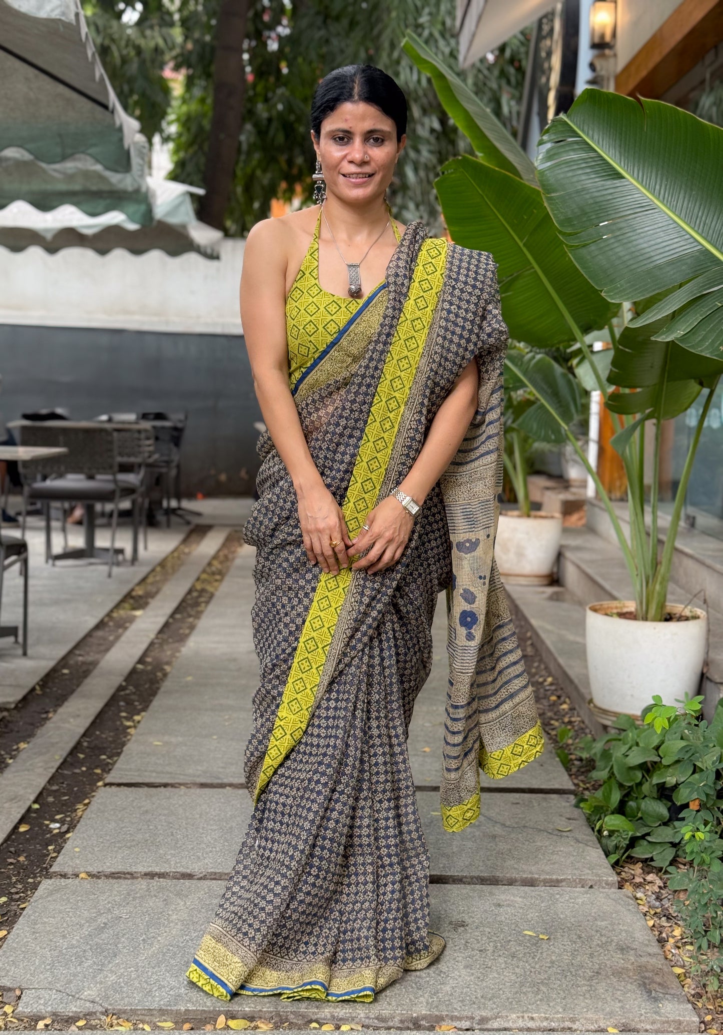 Handmade Natural Dyed Handblock Bagru / Dabu Printed Kota Doria Saree With Dabu Patch Border.