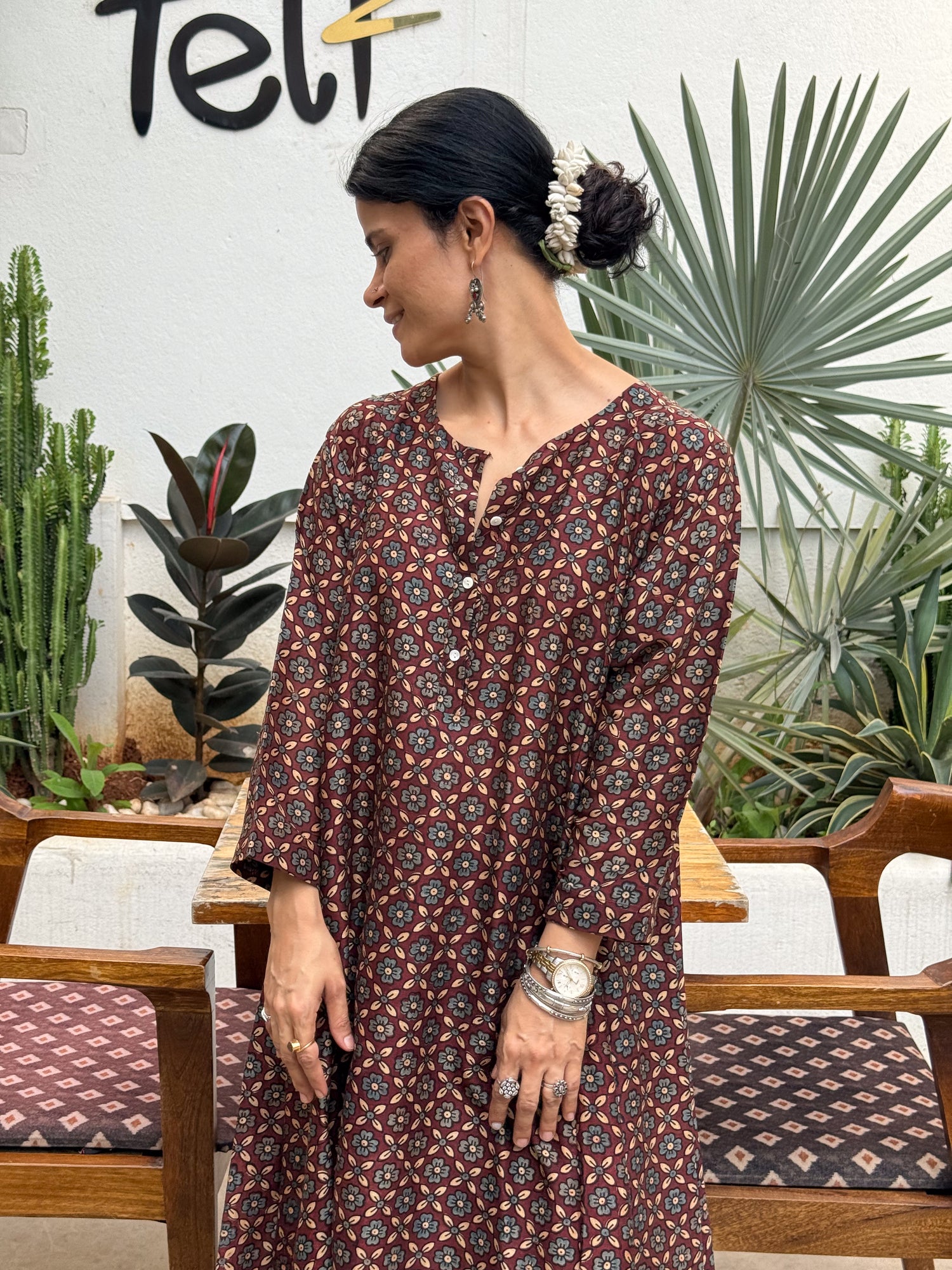 Handblock Printed Natural Dyed Ajrakh Chanderi Silk Kalidar Kurta