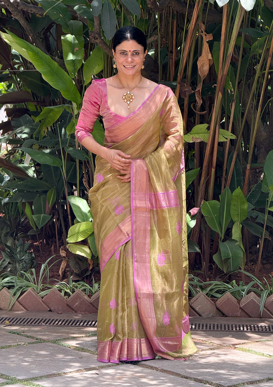 Handloom Tissue Silk Saree Adorned With Handmade Motifs