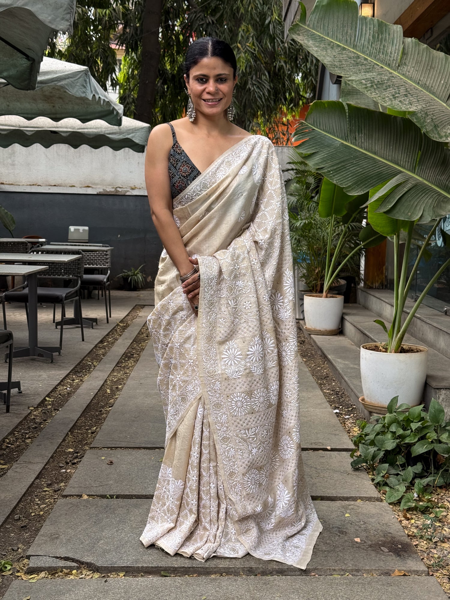 A Hand-Embroidered Chikankari  Tussar Silk  Saree