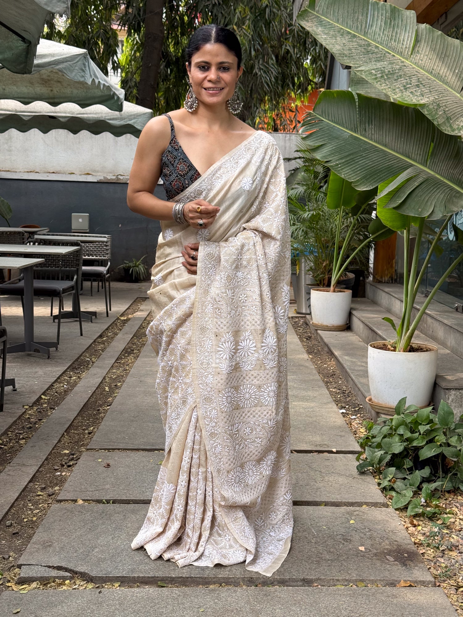 A Hand-Embroidered Chikankari  Tussar Silk  Saree