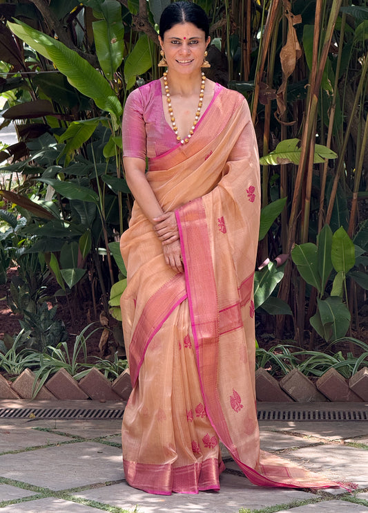 Handloom Tissue Silk Saree Adorned With Handmade Motifs
