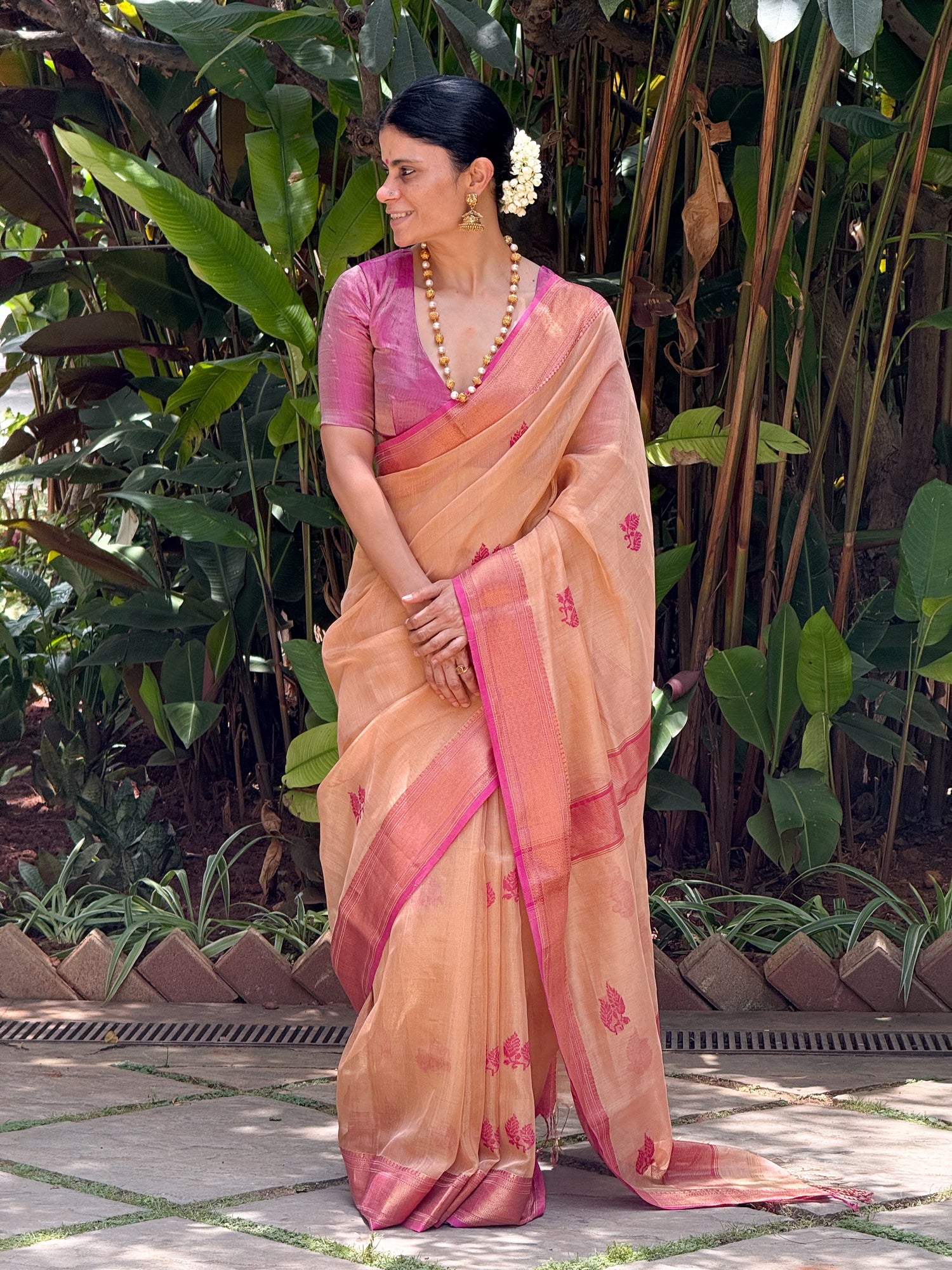 Handloom Tissue Silk Saree Adorned With Handmade Motifs