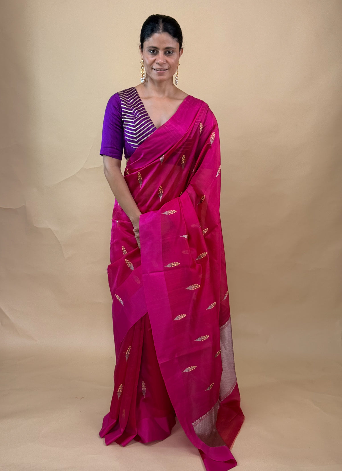 Handloom Chanderi Pattu Silk Saree  With handmade Ek Naal Motifs.