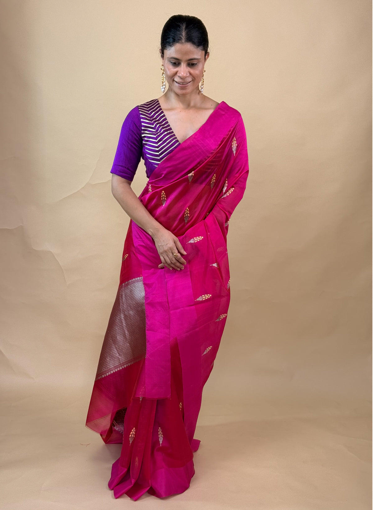 Handloom Chanderi Pattu Silk Saree  With handmade Ek Naal Motifs.