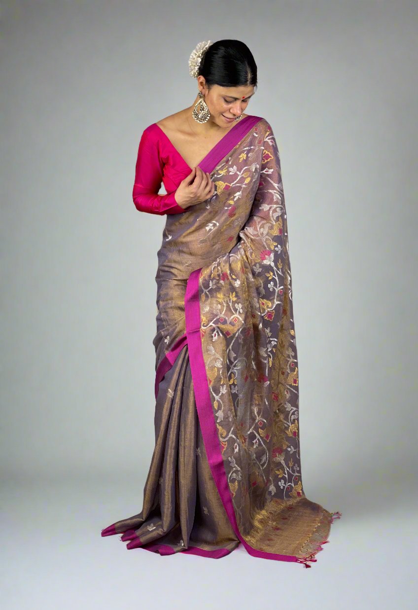 Handwoven Twill Metallic Jamdani saree