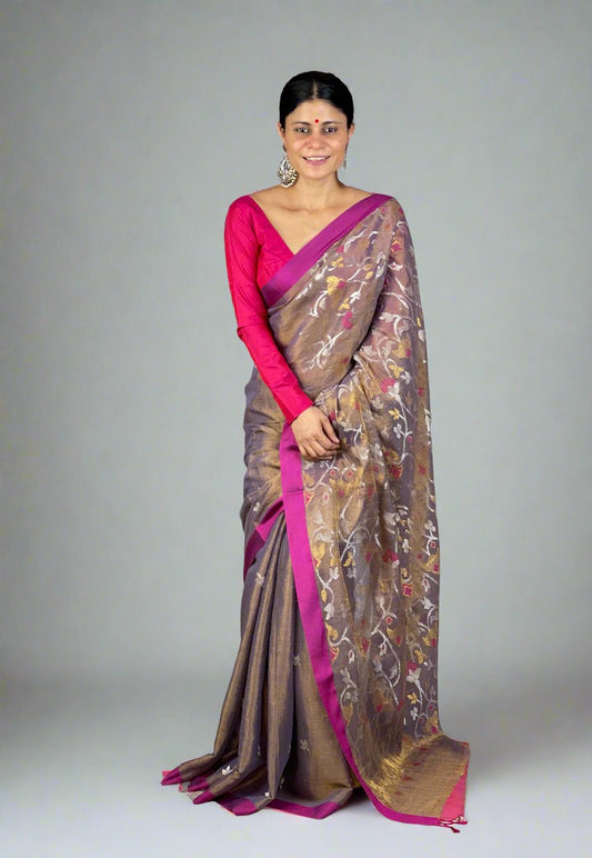 Handwoven Twill Metallic Jamdani saree