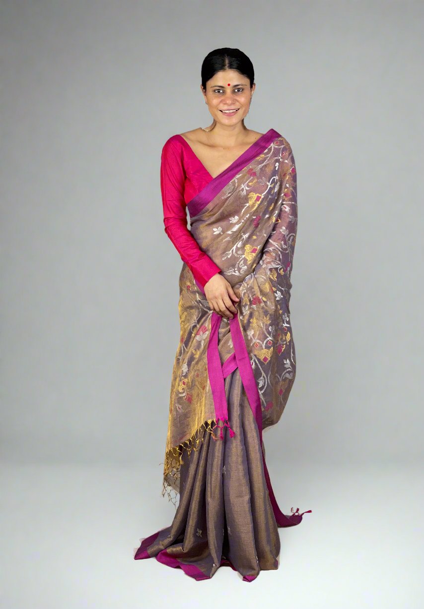 Handwoven Twill Metallic Jamdani saree