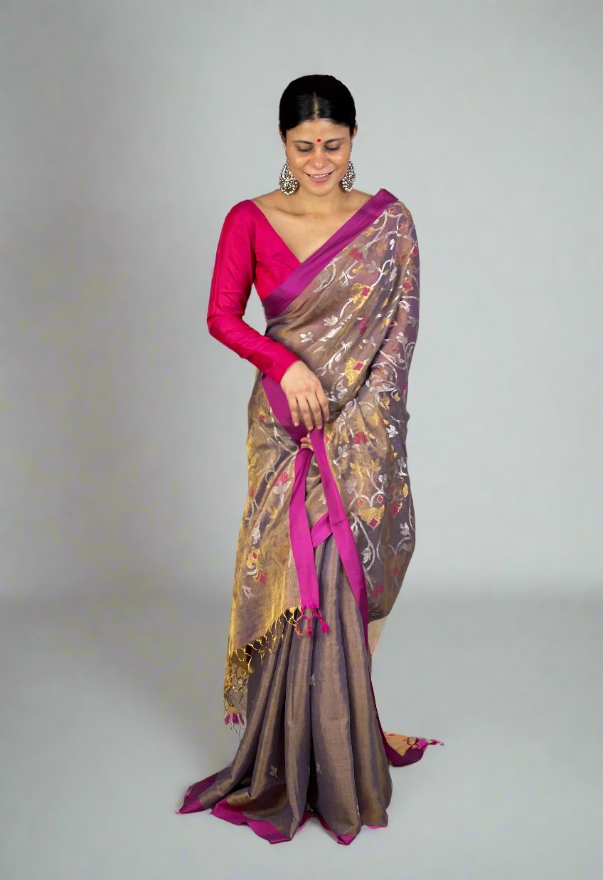 Handwoven Twill Metallic Jamdani saree