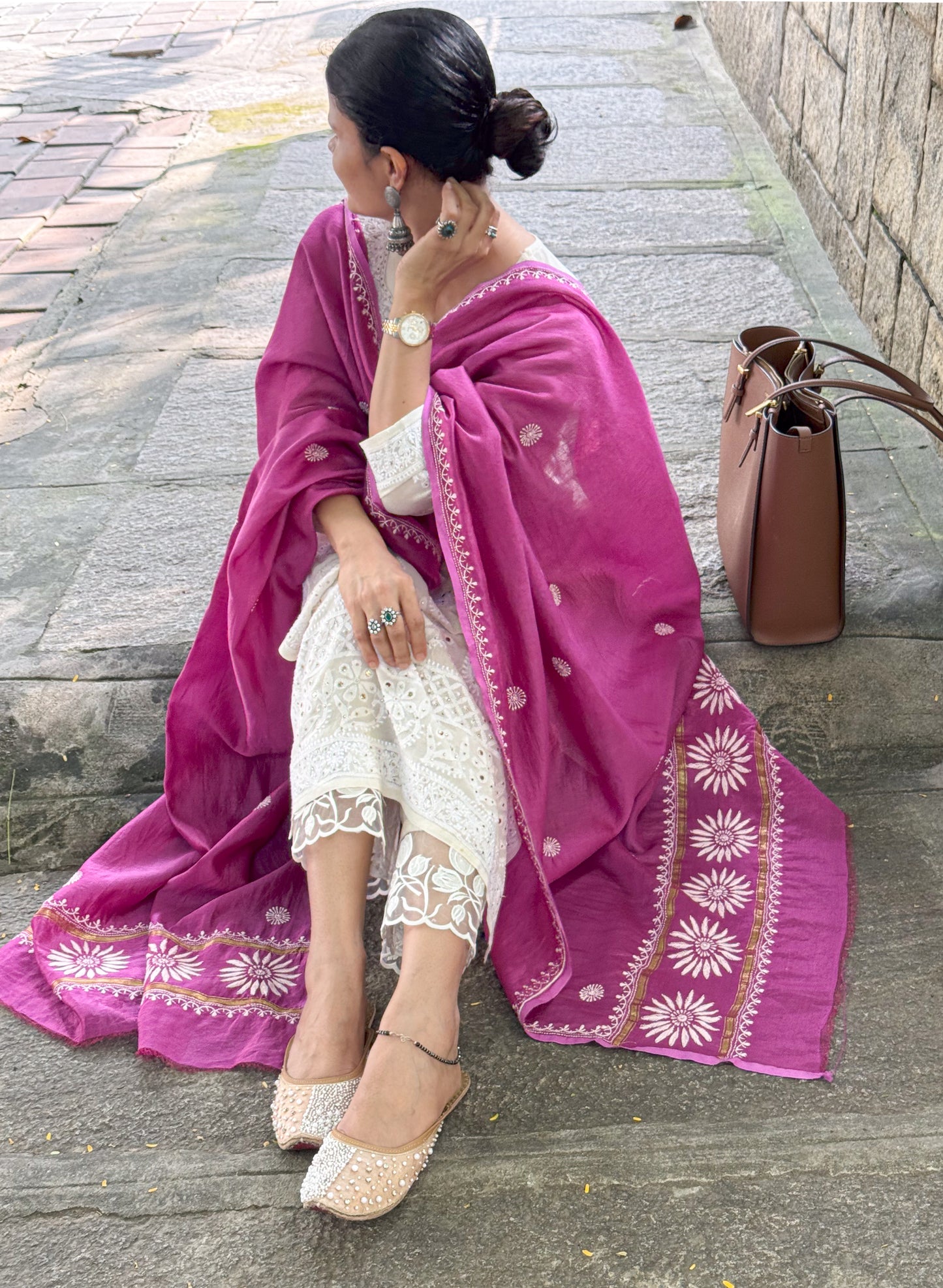 Chanderi Silk Handembroidered Chikankari Dupatta