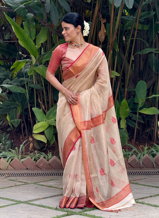 Handloom Tissue Silk Saree Adorned With Handmade Motifs