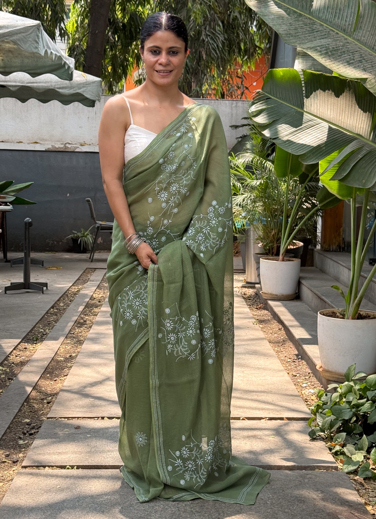 A Hand-Embroidered Chikankari Kota Doria Saree