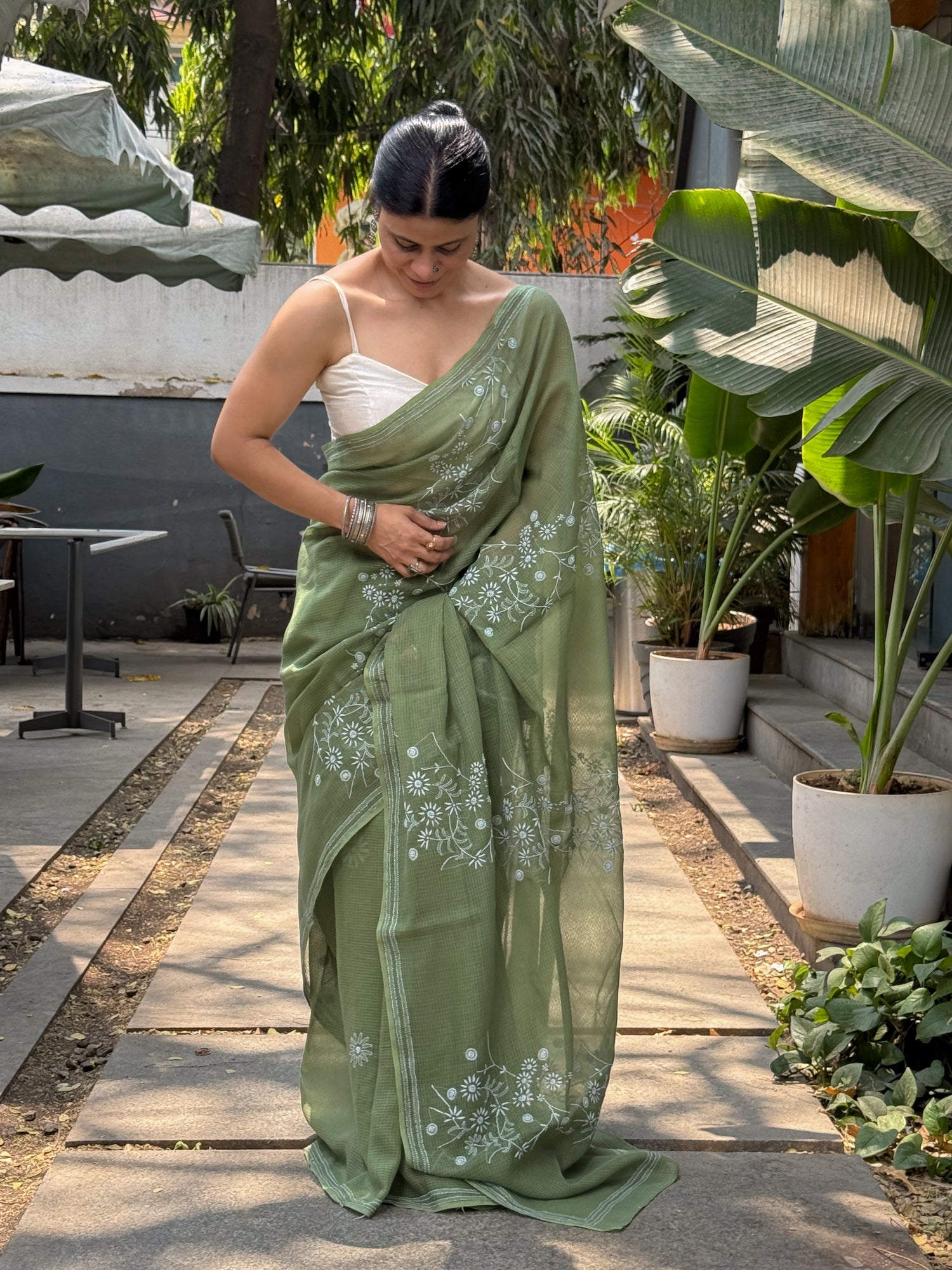 A Hand-Embroidered Chikankari Kota Doria Saree