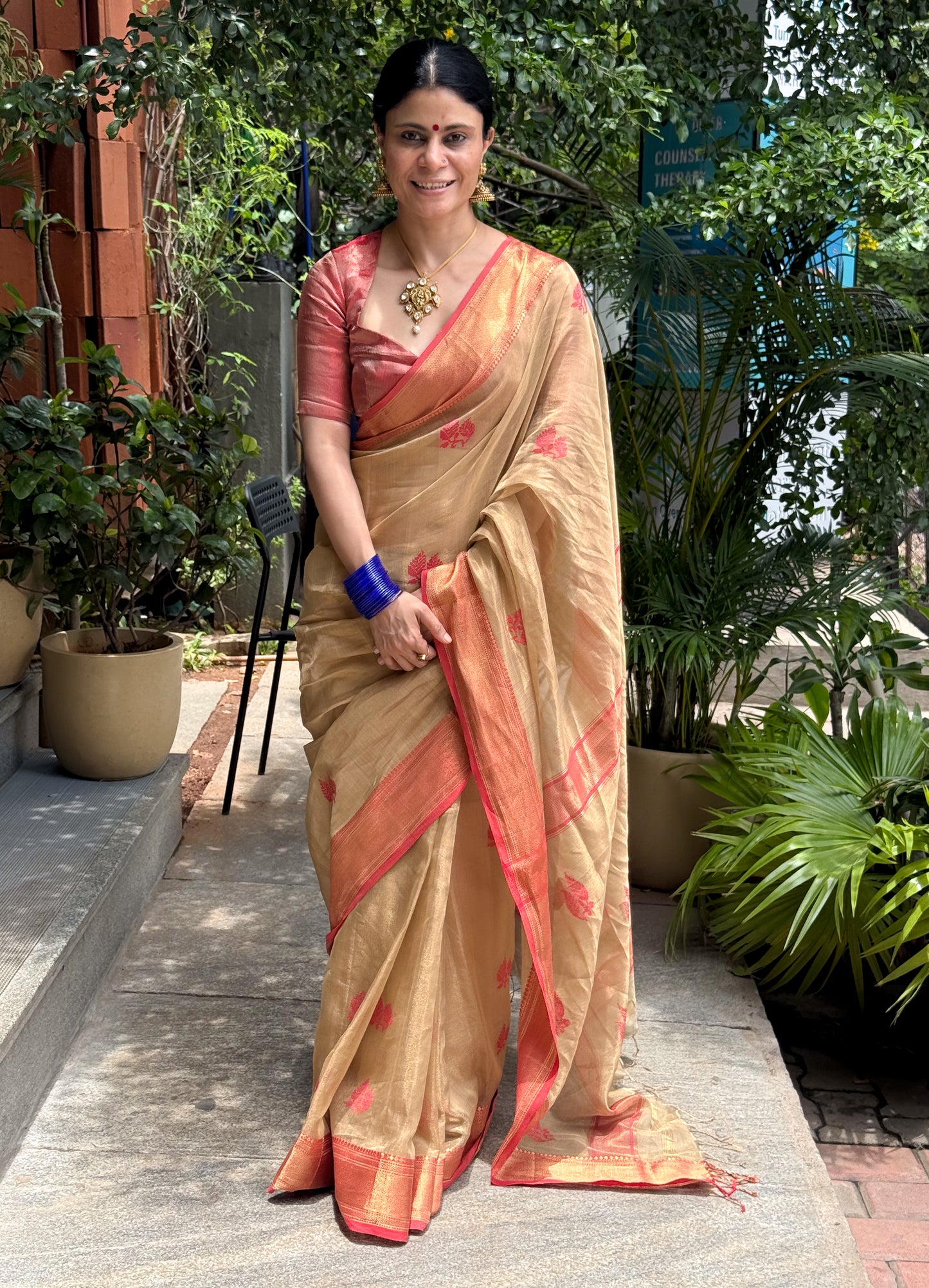 Handloom Tissue Silk Saree Adorned With Handmade Motifs