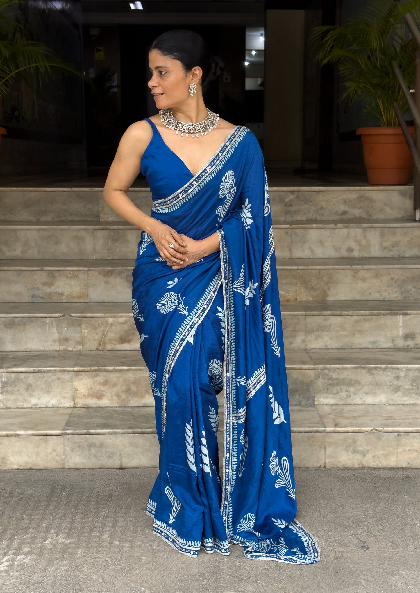Handloom Hand Block Printed & Hand Embroidered Mulberry Silk Saree