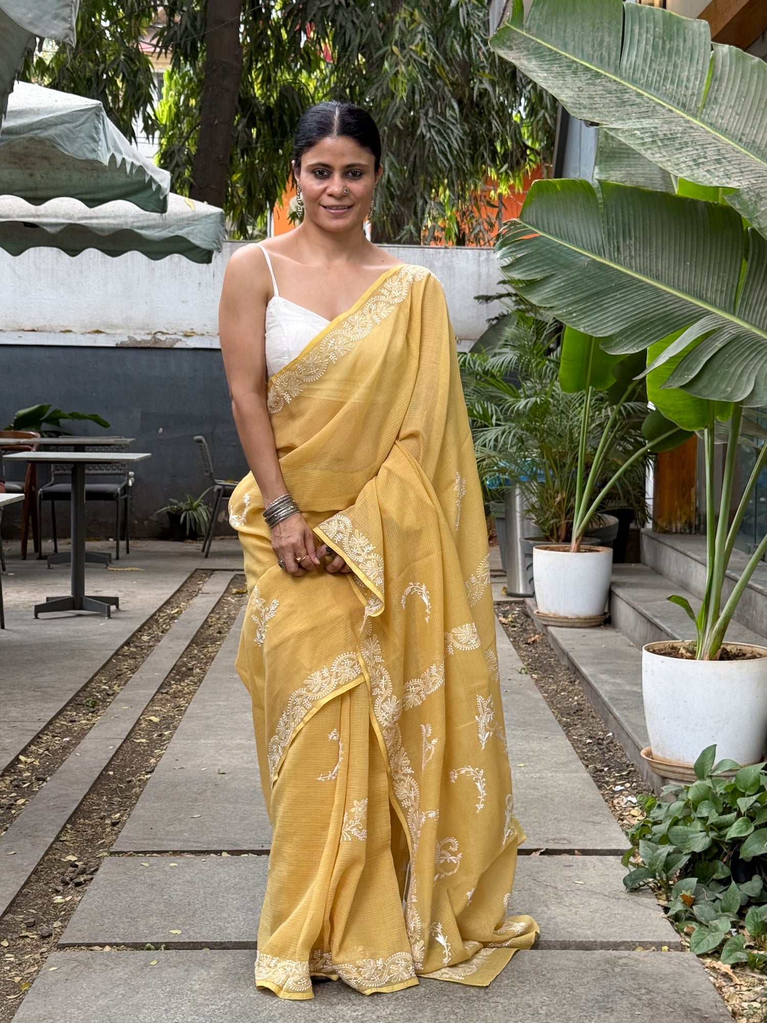 A Hand-Embroidered Chikankari Kota Doria Saree