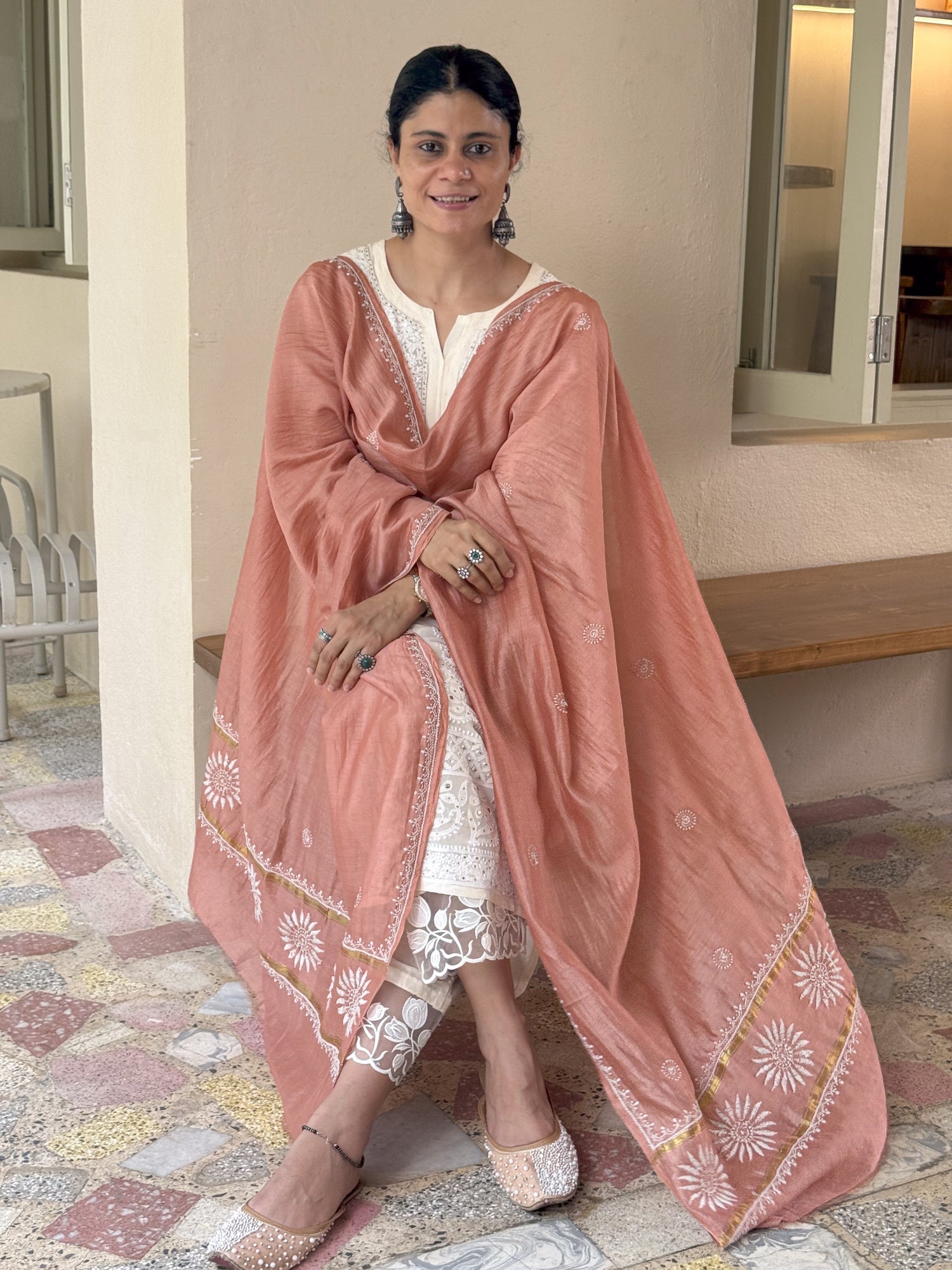 Chanderi Silk Handembroidered Chikankari Dupatta