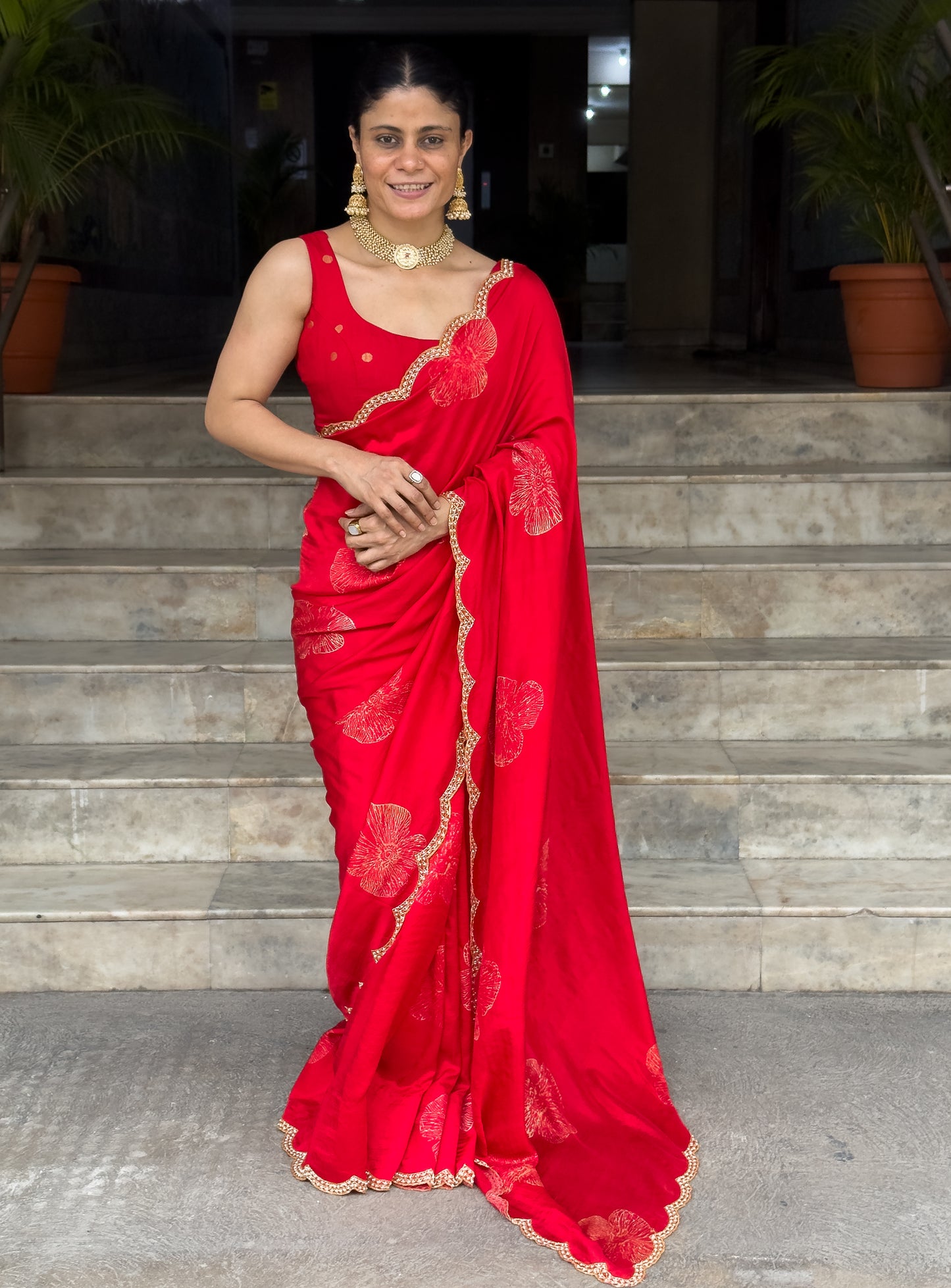 Handloom Hand Block Printed & Hand Embroidered Mulberry Silk Saree