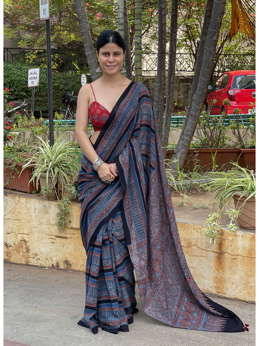 Handblock Printed  Natural Dyed  Ajrakh Mull Cotton Saree