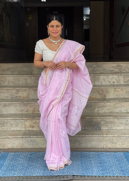 Handembroidered  Chikanakri  Pure Chanderi Silk Saree