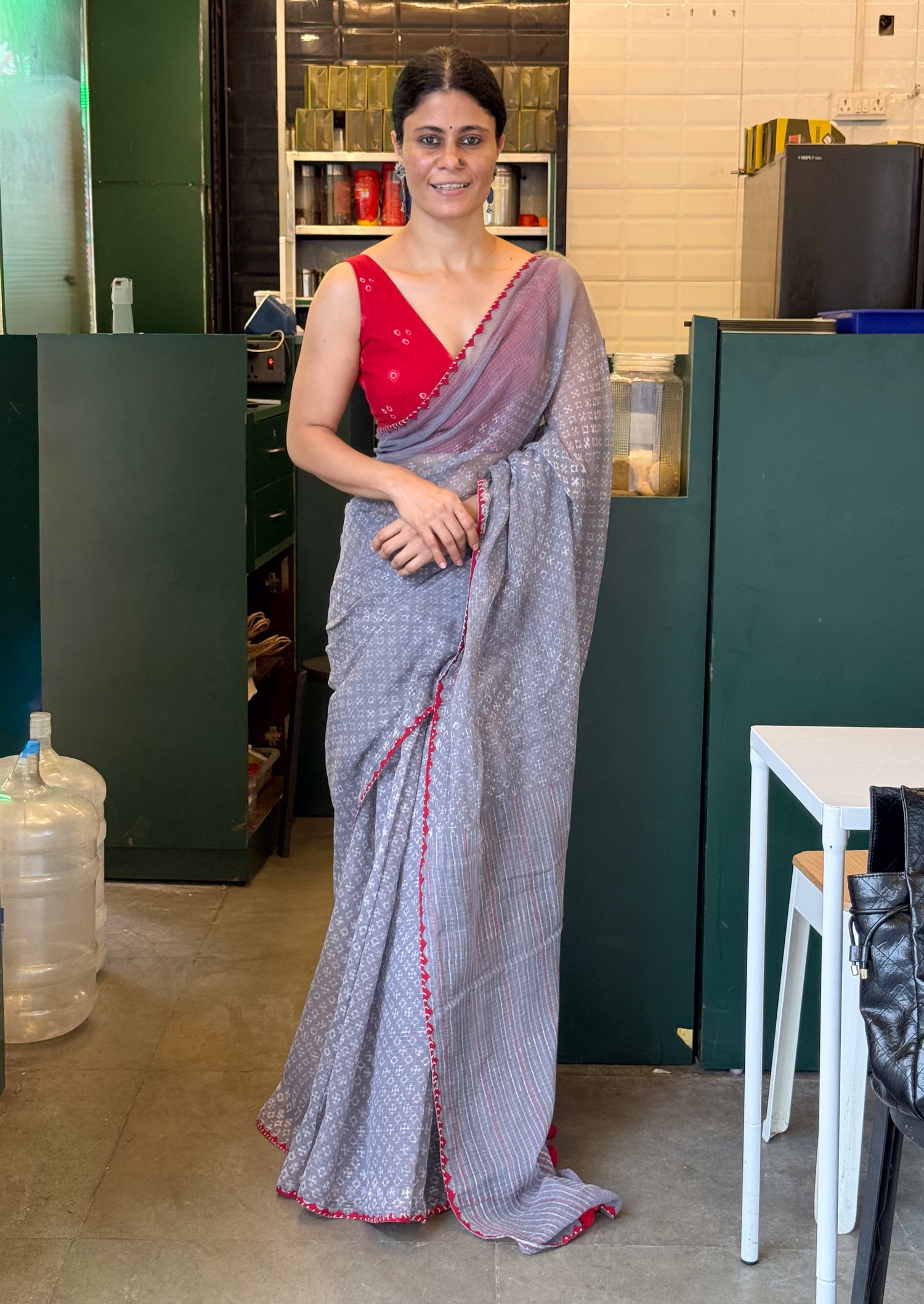 Hand block & Applique Hand Embroidered Kota Doria Saree
