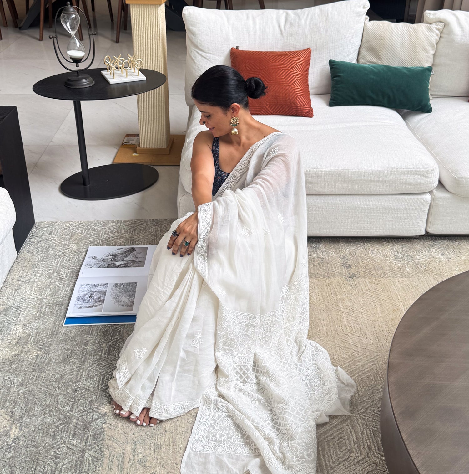 A Hand-Embroidered Chikankari Muslin Chanderi Saree