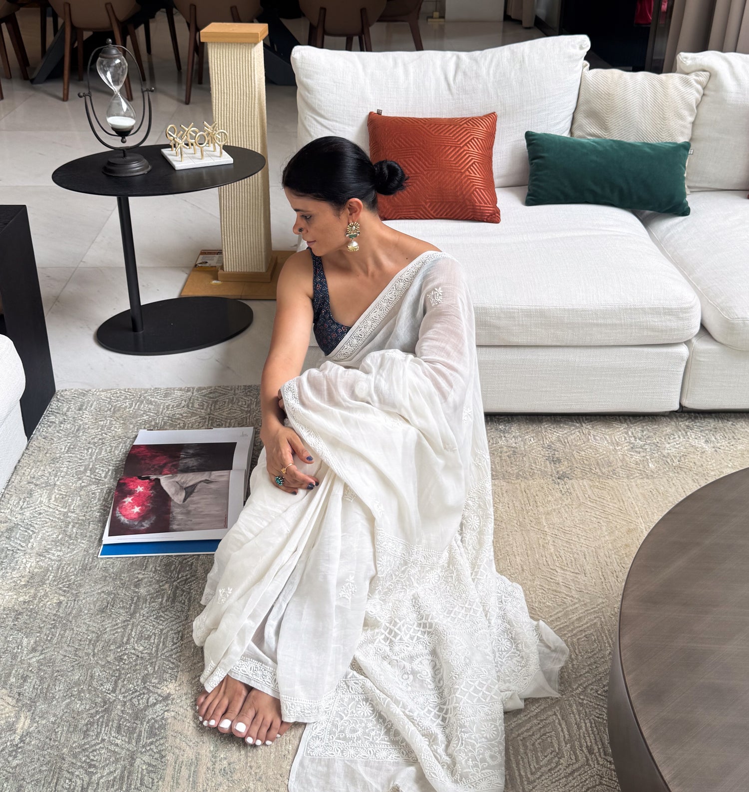 A Hand-Embroidered Chikankari Muslin Chanderi Saree