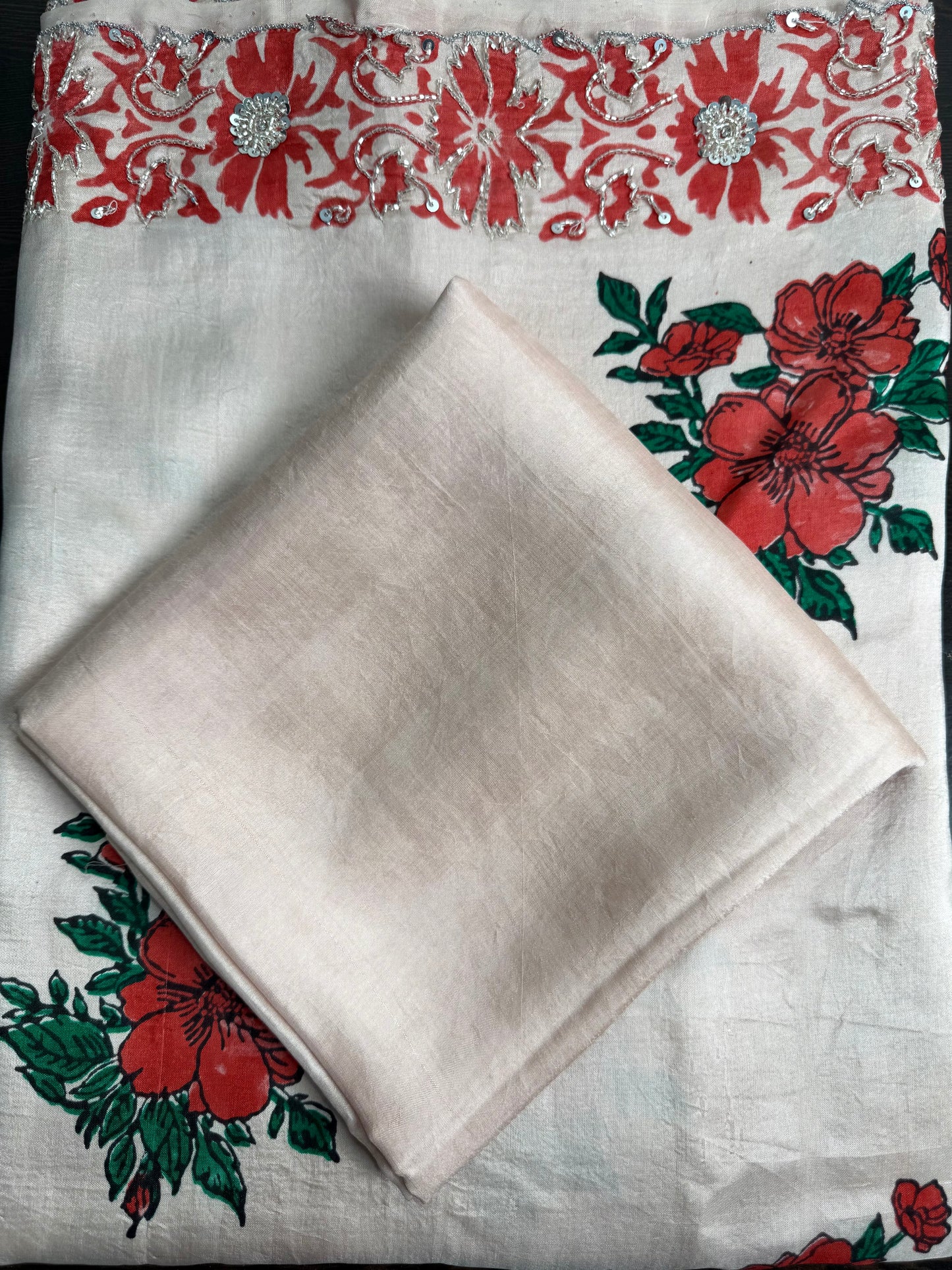 Handloom Hand Block Printed & Hand Embroidered Mulberry Silk Saree