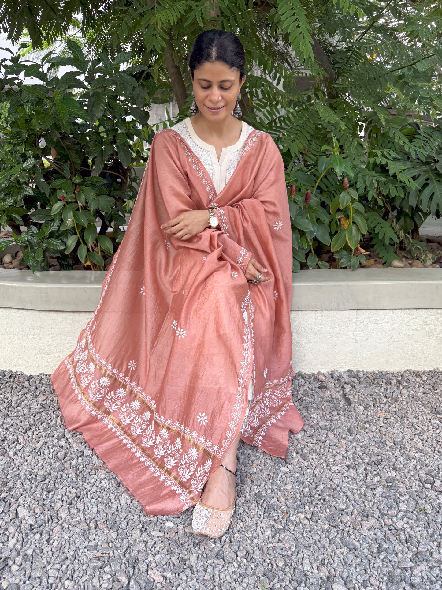 Chanderi Silk Handembroidered Chikankari Dupatta