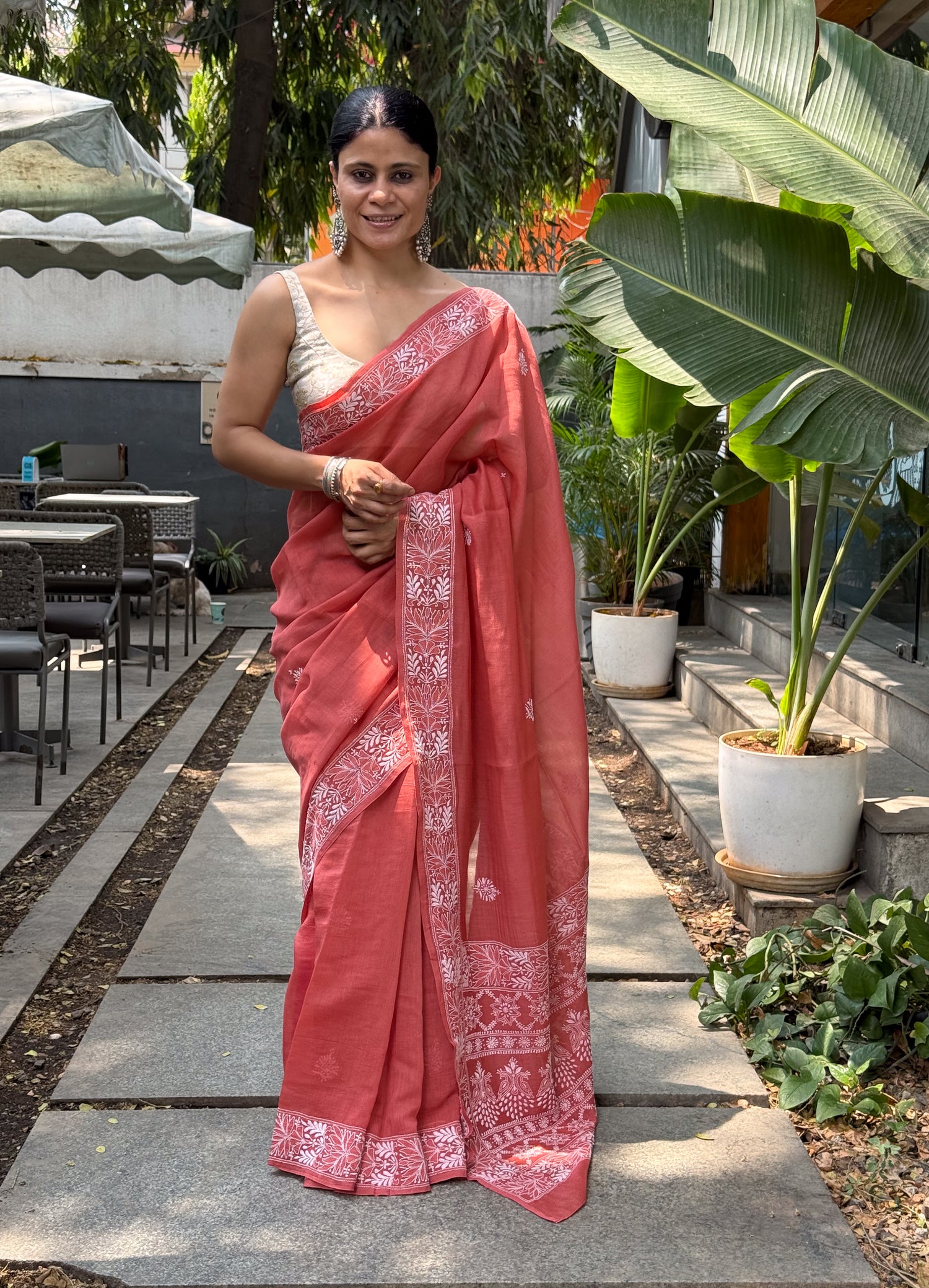 A Hand-Embroidered Chikankari Muslin Chanderi Saree