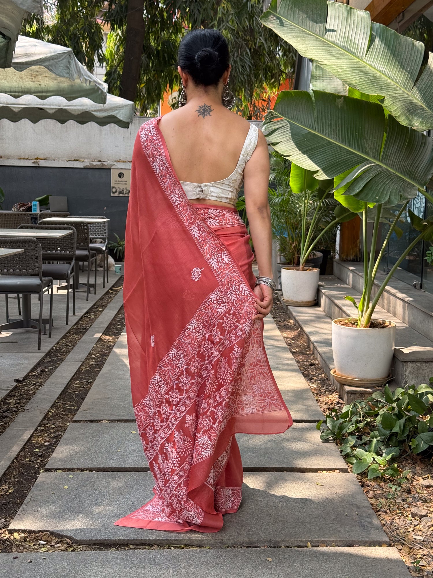 A Hand-Embroidered Chikankari Muslin Chanderi Saree