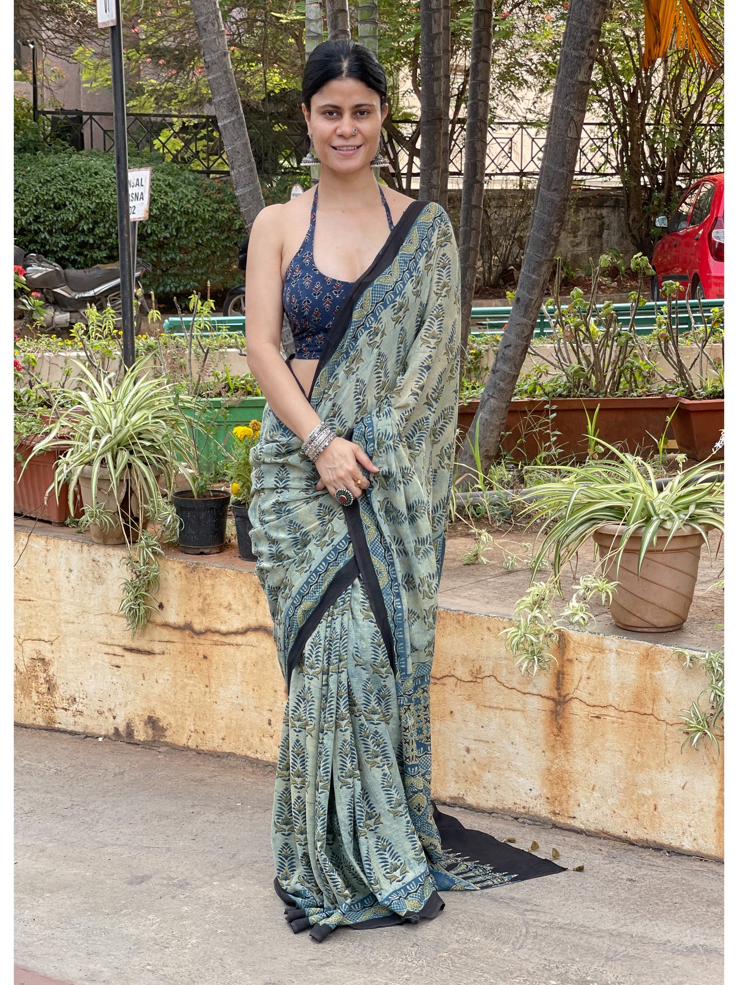 Handblock Printed  Natural Dyed  Ajrakh Mull Cotton Saree