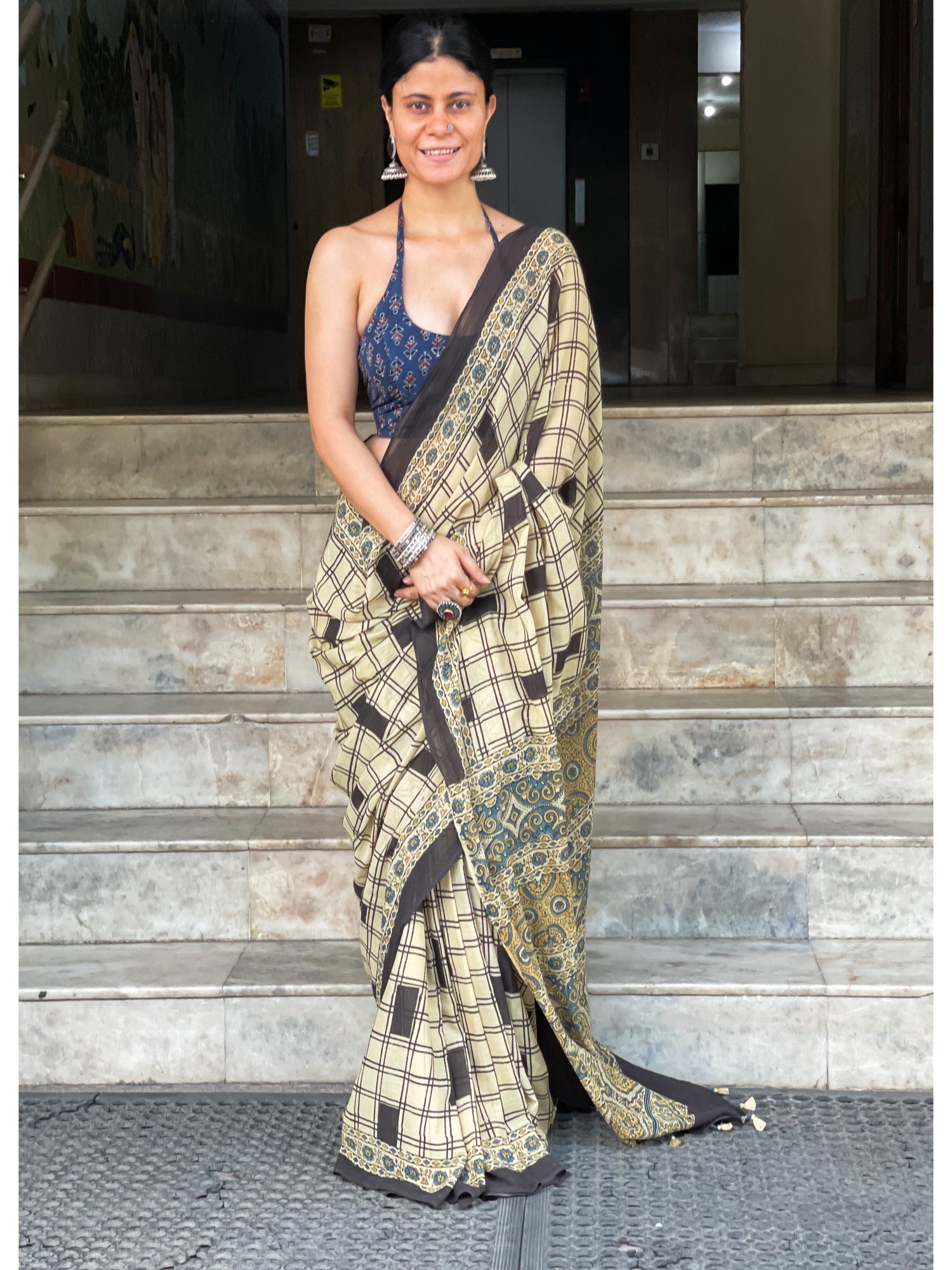 Handblock Printed  Natural Dyed  Ajrakh Mull Cotton Saree