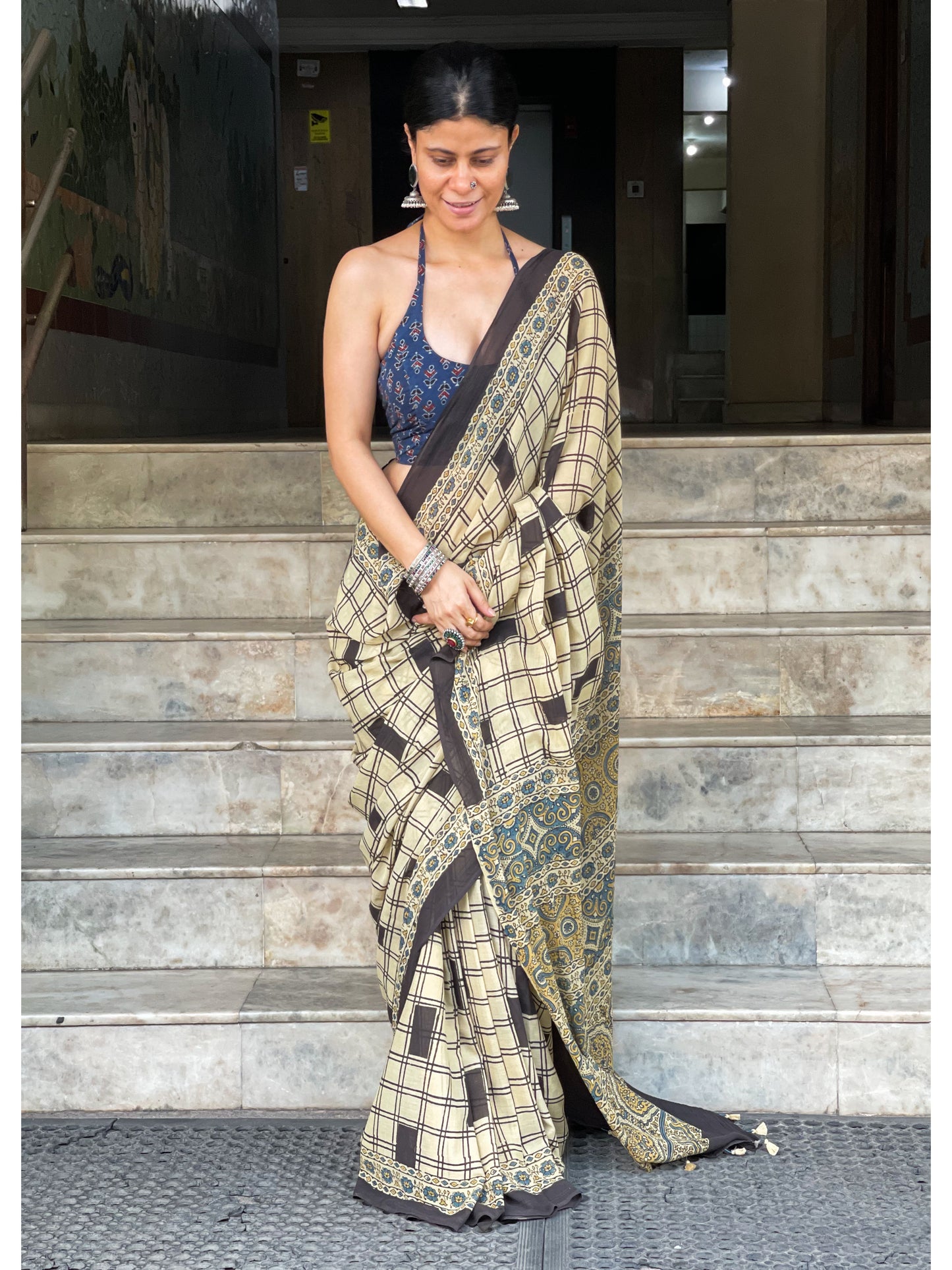 Handblock Printed  Natural Dyed  Ajrakh Mull Cotton Saree
