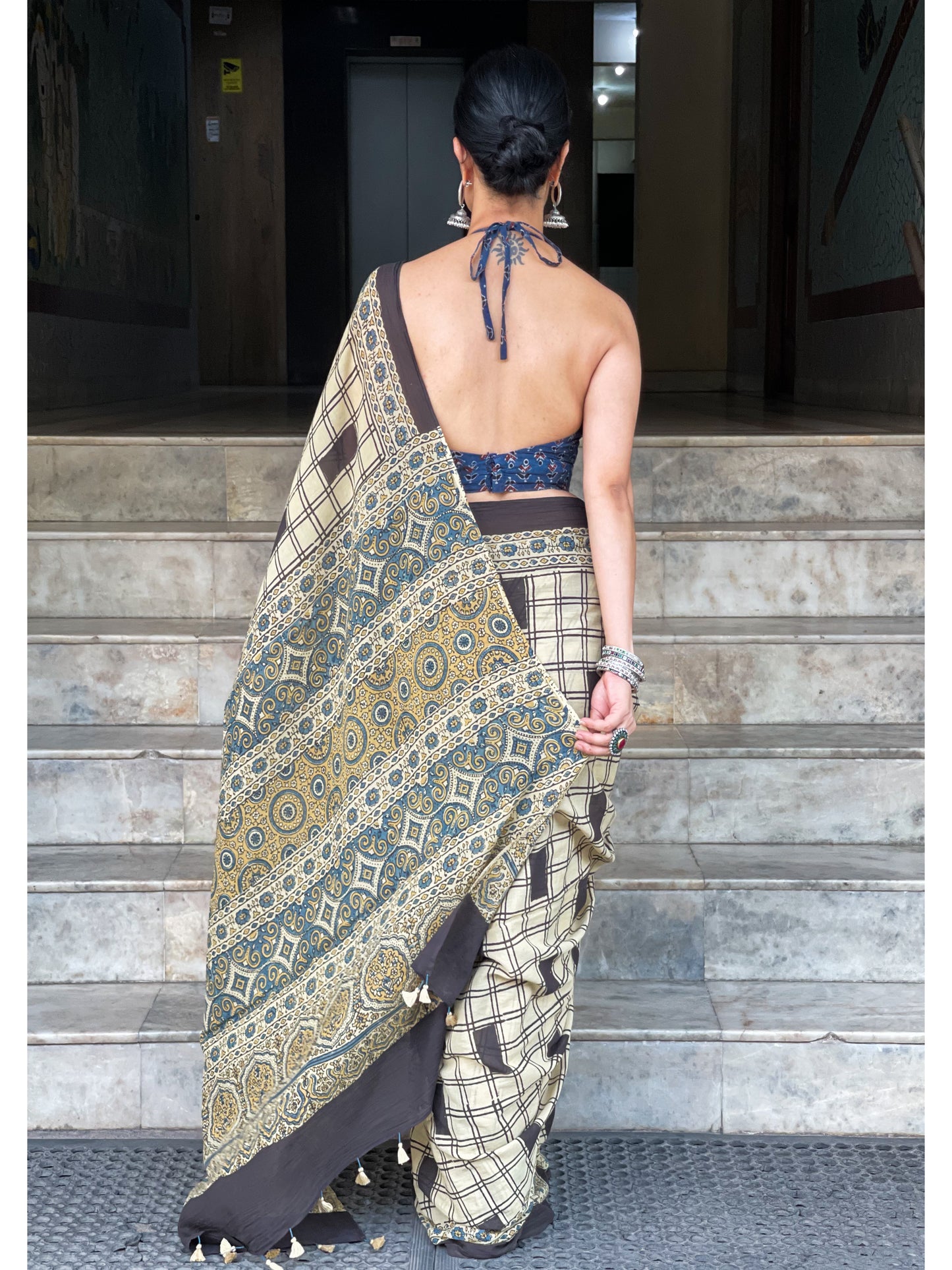 Handblock Printed  Natural Dyed  Ajrakh Mull Cotton Saree