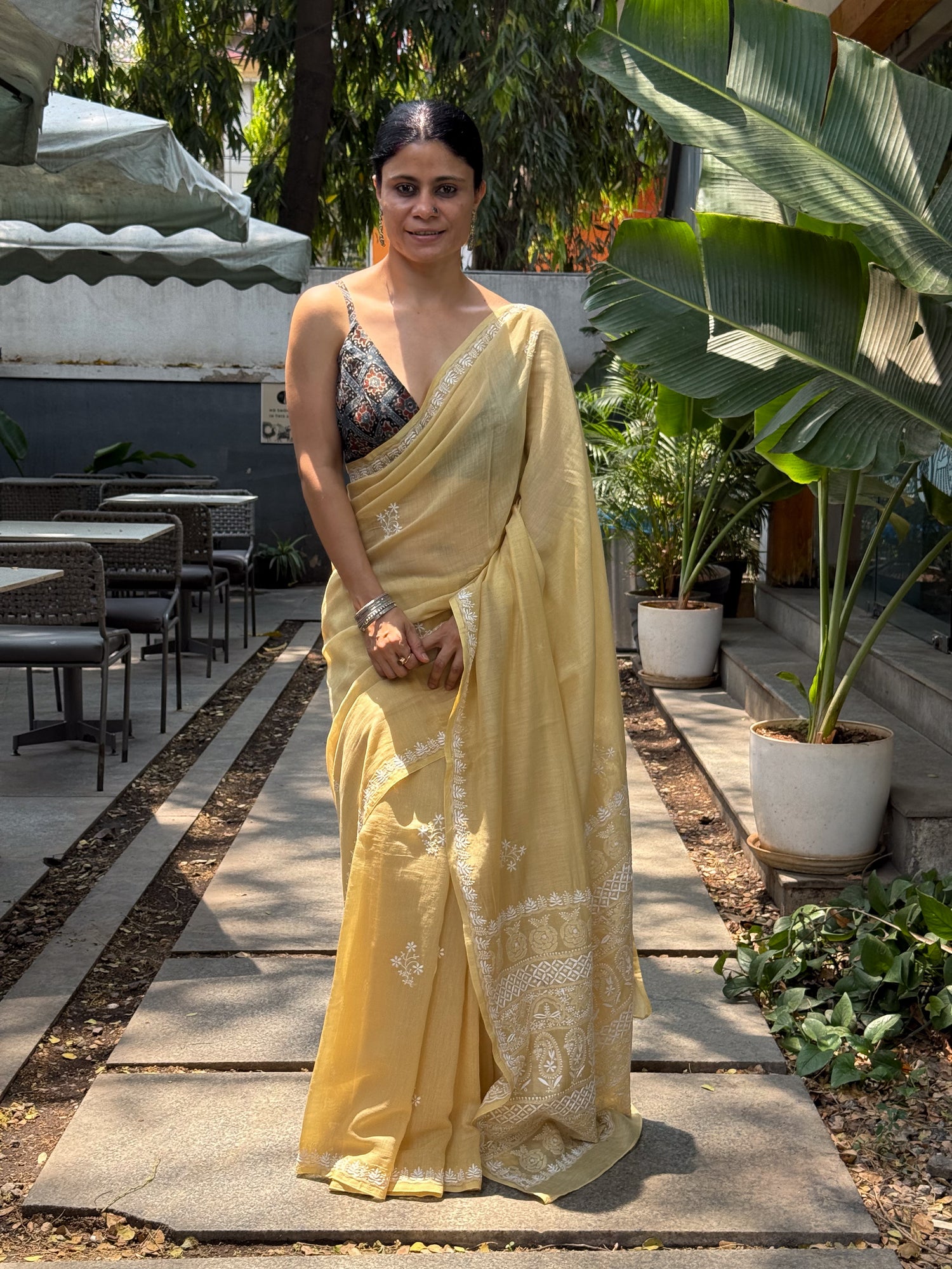 A Hand-Embroidered Chikankari Muslin Chanderi Saree