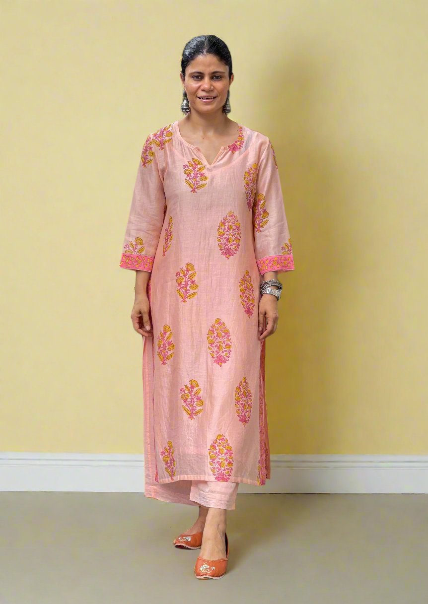 Handloom Hand Block Printed Chanderi Silk Kurta Set