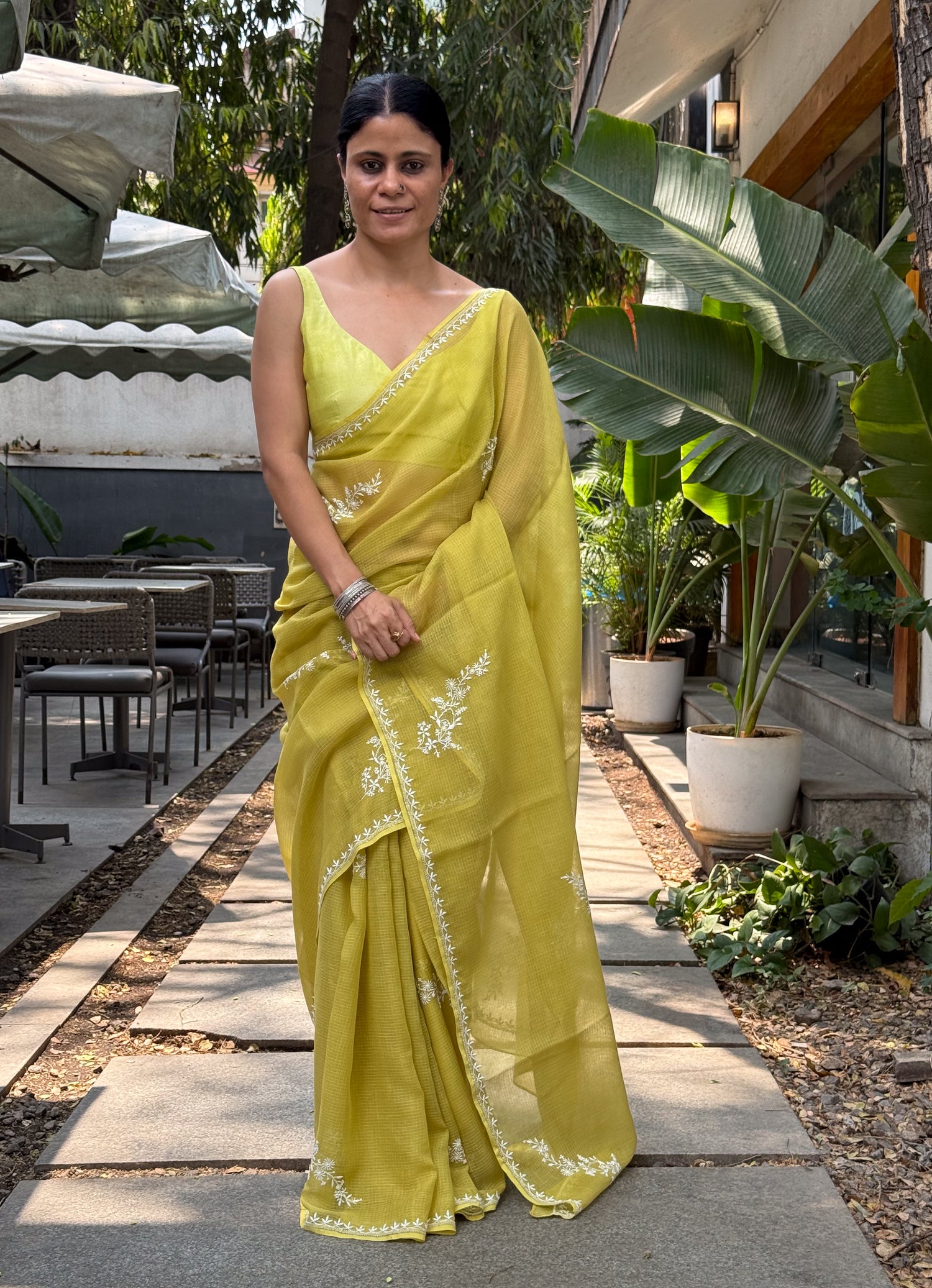 A Hand-Embroidered Chikankari Kota Doria Saree