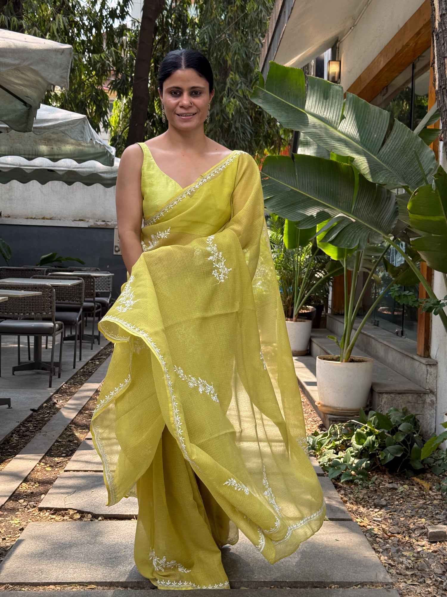 A Hand-Embroidered Chikankari Kota Doria Saree