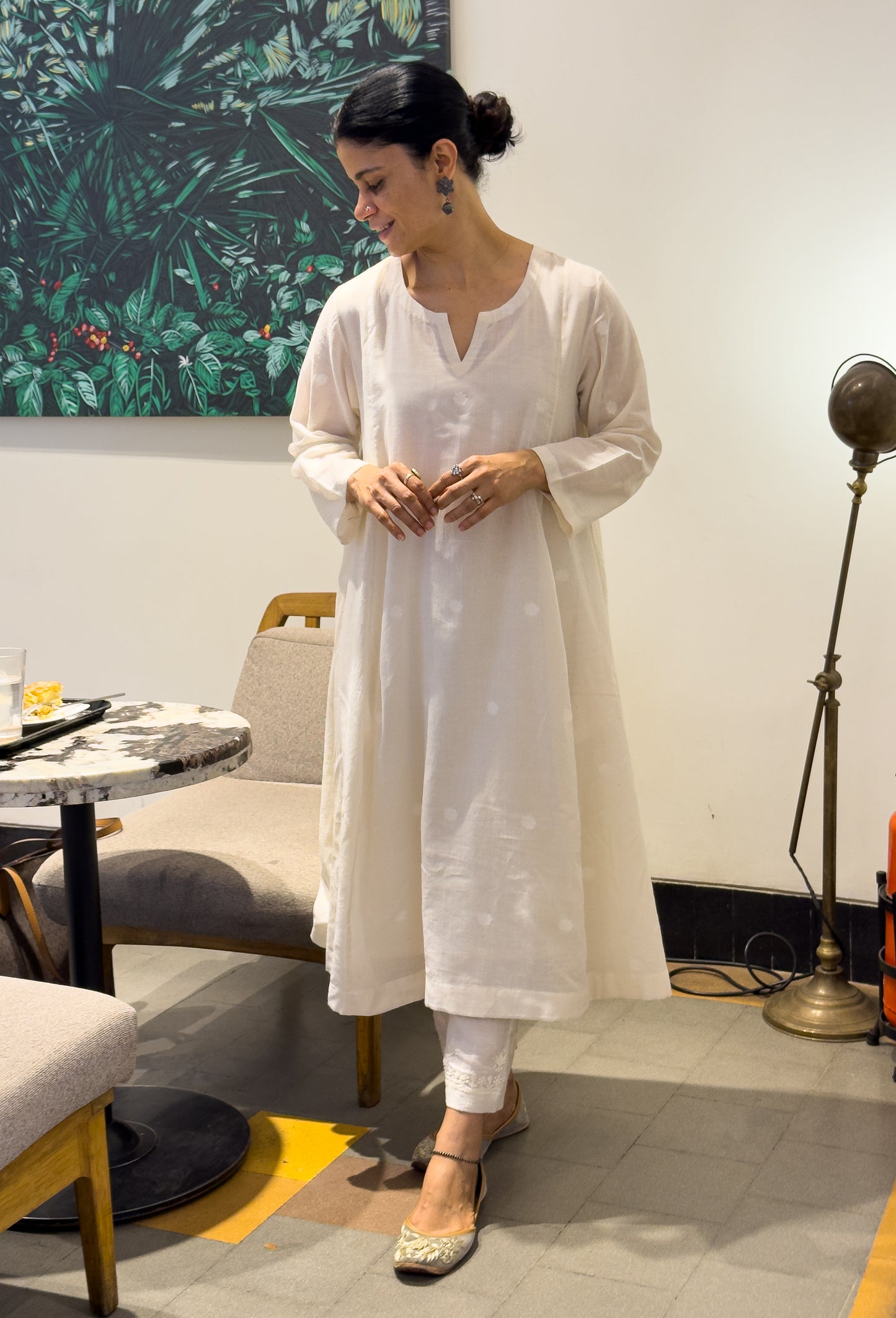 Handwoven Jamdani  Muslin Kalidar Kurta With Lining