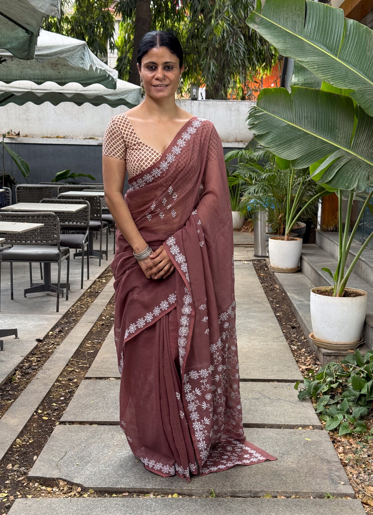 A Hand-Embroidered Chikankari Kota Doria Saree